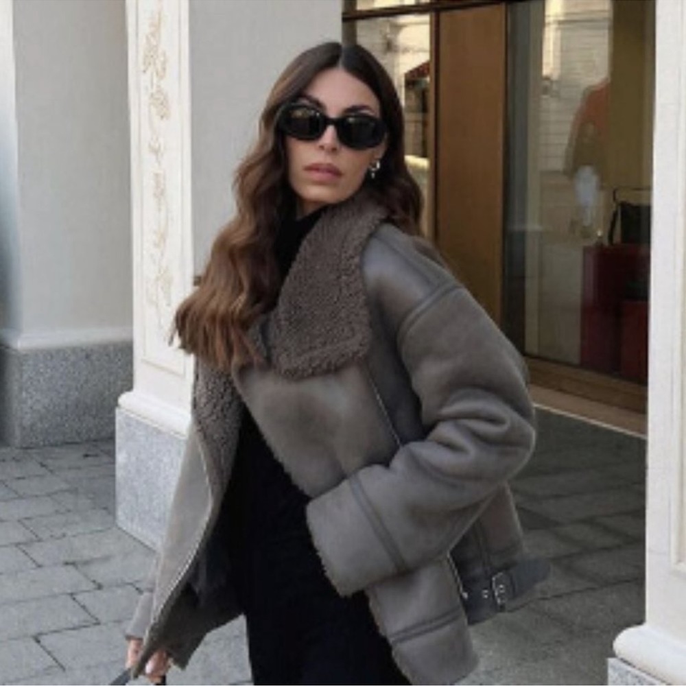 ZARA FAUX LEATHER SHEARLING DOUBLE-FACED BIKER JACKET GRAY